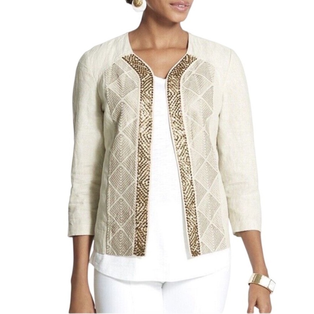Chicos Artisan Linen Embroidered Beaded Open Front Jacket Beige 3/4 Sleeve 1